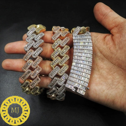 Heavy Solid 925 Sterling Silver Men VVS1 Baguette Moissanite Diamonds Chain-Big Icy lock Baguette Ice Crazy Hip Hop 19MM Cuban Link Necklace