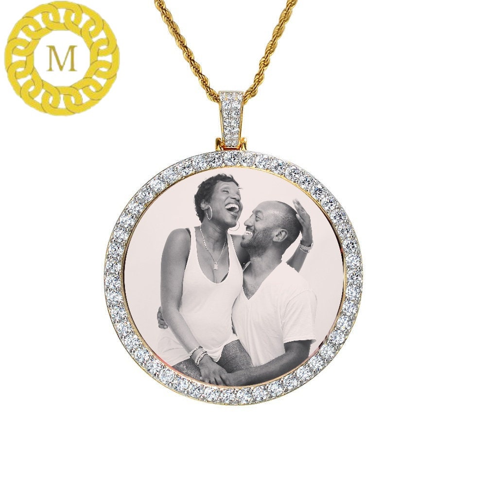 Customize Photo Pendant in Real Moissanite Diamonds For Men's and Women's/ 14k Yellow Gold Plated Silver/ Custom Photo, Passing any Tester