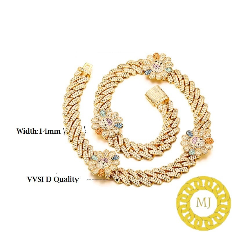 14MM VVS1 SUNFLOWER Moissanite Diamond Miami Cuban Chain With 14k White Gold Finished In Sterling Silver 925 ,Pass The Diamond Tester