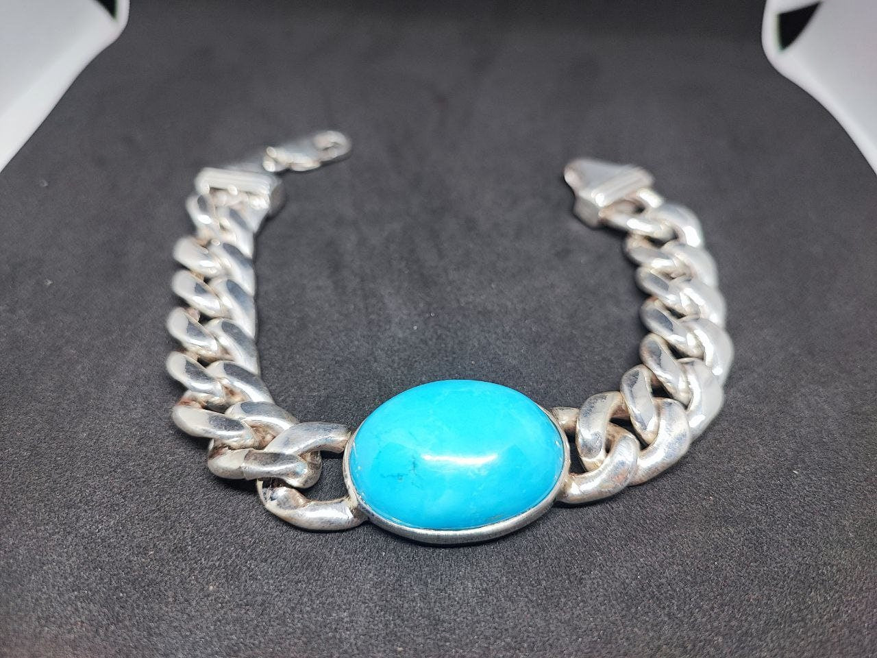 turquoise Cuban Chain Bracelet, 925 Sterling Silver Cabochon Men's Jewelry December Birthstone,heavy Cuban silver Bracelet,Gifts for him