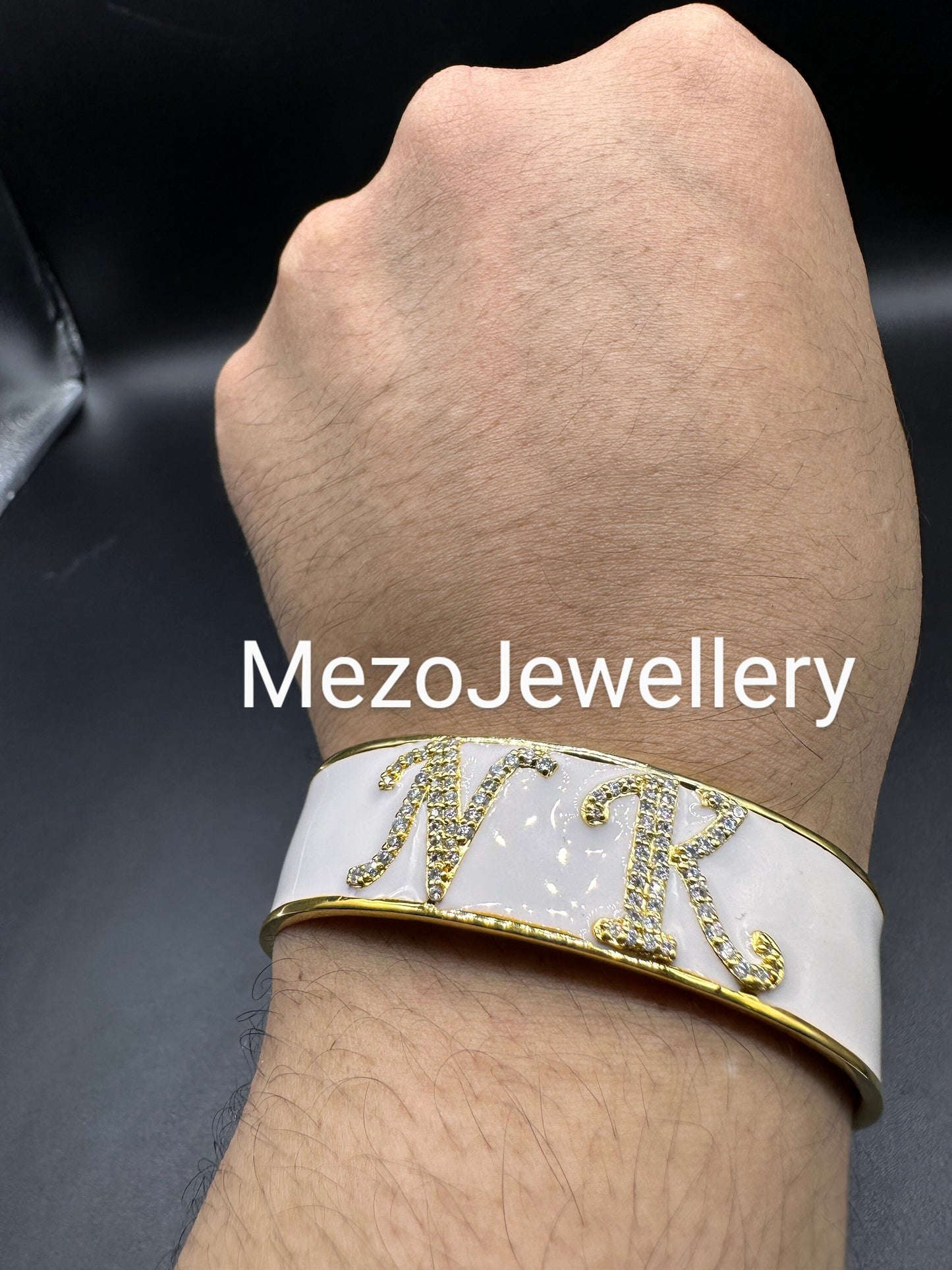 18ct Gold Custom Initial Bracelet, 925 Silver Personalised Enamel Handmade With Names,20mm,Heavy Bangle, Birthday Birthday, Valentines gift