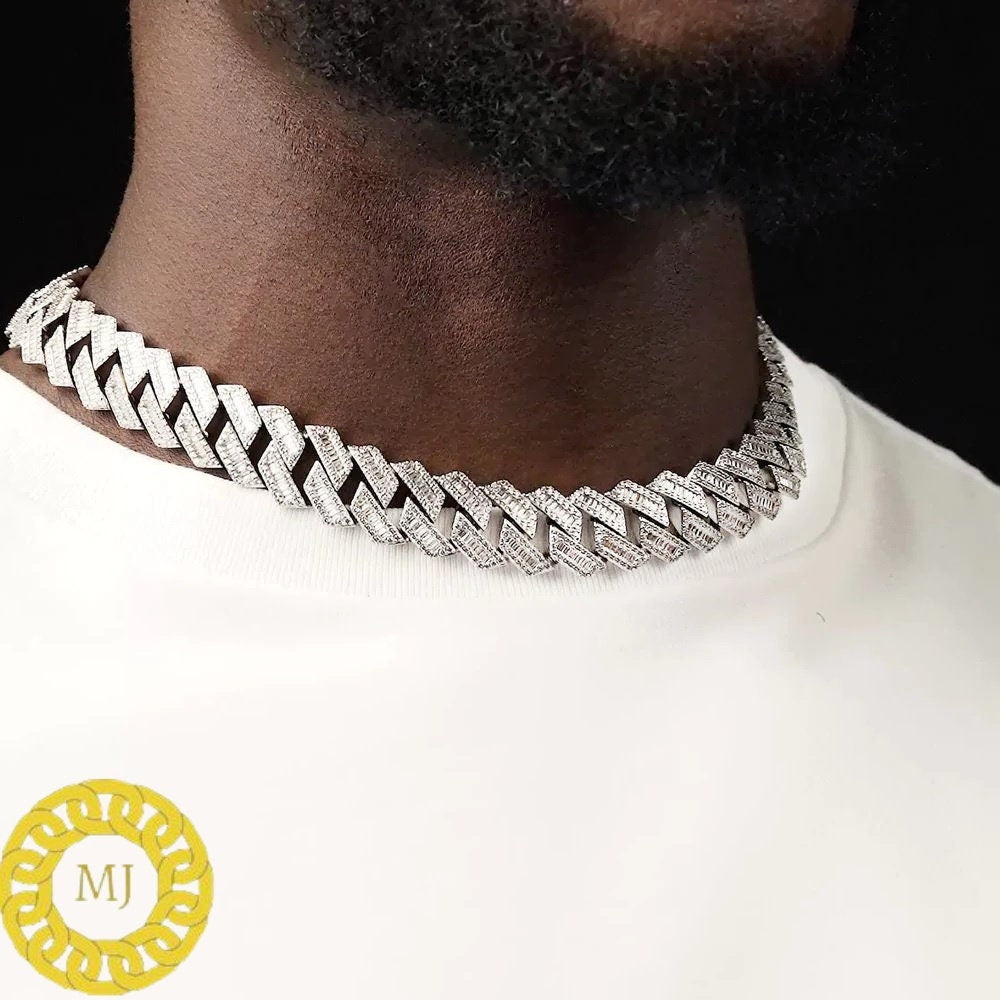 Heavy Solid 925 Sterling Silver Men's VVS1 Moissanite Baguette Studded Cuban Chain,Icedout Rapper chains,18mm wide, Quality Box Clasp