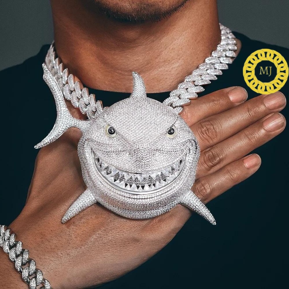 Iced Out Shark Pendant Necklace Gifts for Him,Hip Hop Jewelry Icy Shark Necklace With Cuban Chain,VVS Moissanite Shark Necklace Choker Charm