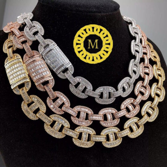 16mm Baguette Mariner Bust Down Chain Real Iced out VVS1 Moissanite Diamond With 14k White Gold Finished In Sterling Silver 925 ,16 - 26 ..