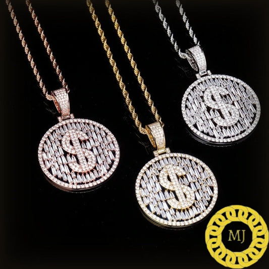Men's Solid 925 Sterling Silver Iced Out Dollar Sign Money Pendant Baguette Diamond* Hip Hop Rapper Chain Necklace 16" - 30" Rope chain 4 mm