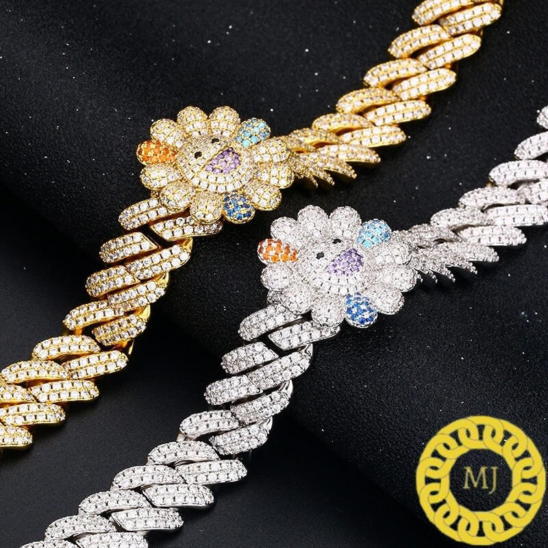 14MM VVS1 SUNFLOWER Moissanite Diamond Miami Cuban Chain With 14k White Gold Finished In Sterling Silver 925 ,Pass The Diamond Tester