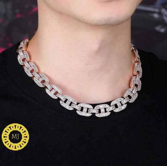Heavy Solid 925 Sterling Silver Men's VVS1 Baguette Moissanite Diamonds Chain-15mm Flooded Ice True Baguette Stone Baguette  Link Chain