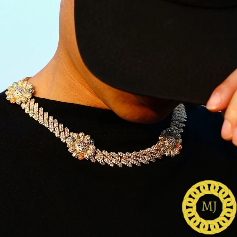 14MM VVS1 SUNFLOWER Moissanite Diamond Miami Cuban Chain With 14k White Gold Finished In Sterling Silver 925 ,Pass The Diamond Tester