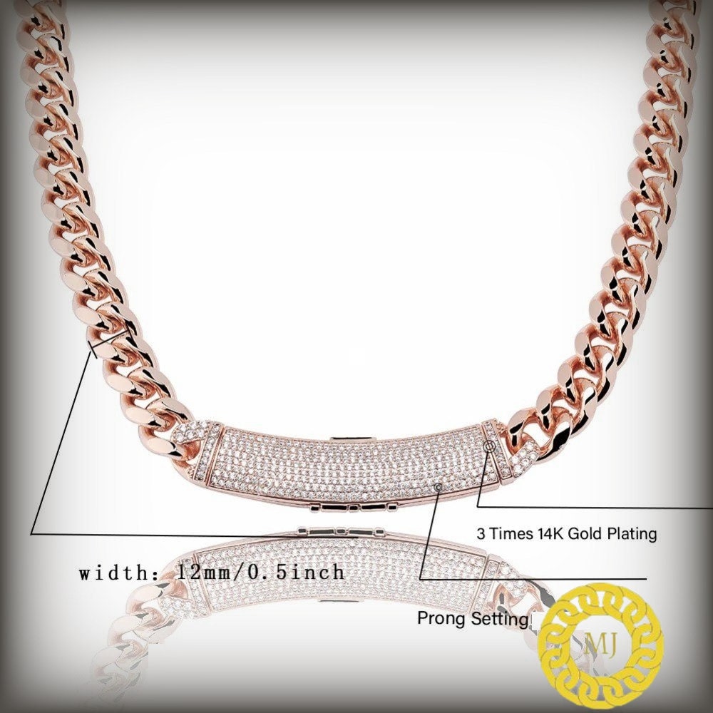 Heavy Solid 925 Sterling Silver Men's VVS1 Moissanite Diamonds Studded Cuban Chain,12mm Moissanite long buckle Cuban chain,Quality Box Clasp