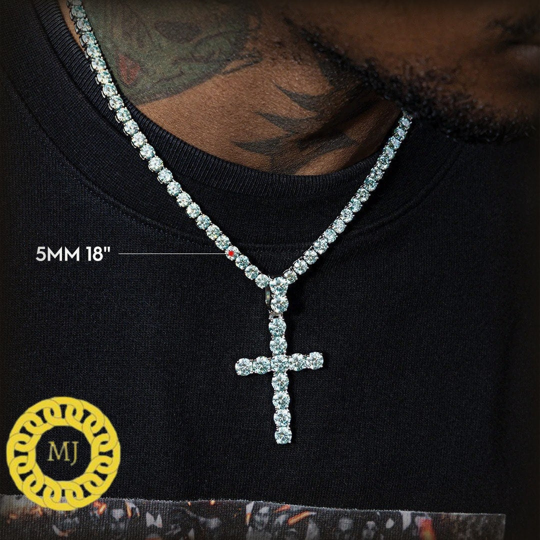 Men's Tennis Link Chain Necklace,Cross Necklace,925 Silver iced out Cross Necklace,Moissanite Diamond Cross Choker,ICY Necklace,Tennis Chain