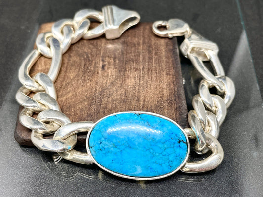 turquoise figaro Chain Bracelet, 925 Sterling Silver Cabochon Men's Jewelry December Birthstone,heavy Figaro silver Bracelet,Gifts for him