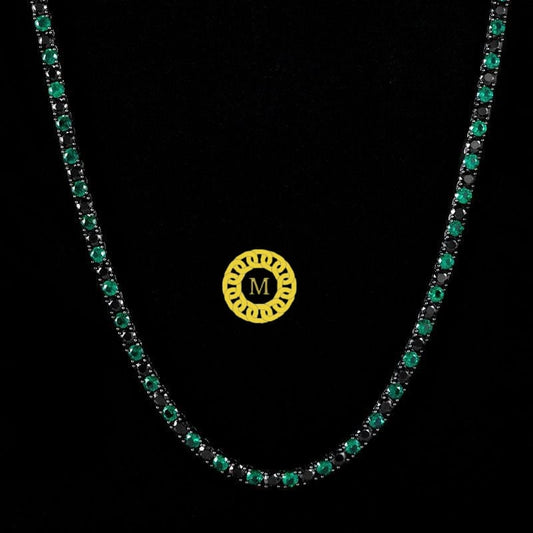 Emerald and black diamond Tennis Necklace,SOLID 925 Sterling Silver Iced Out Tennis Chain Single Row 16"-28",Black and green unique Necklace