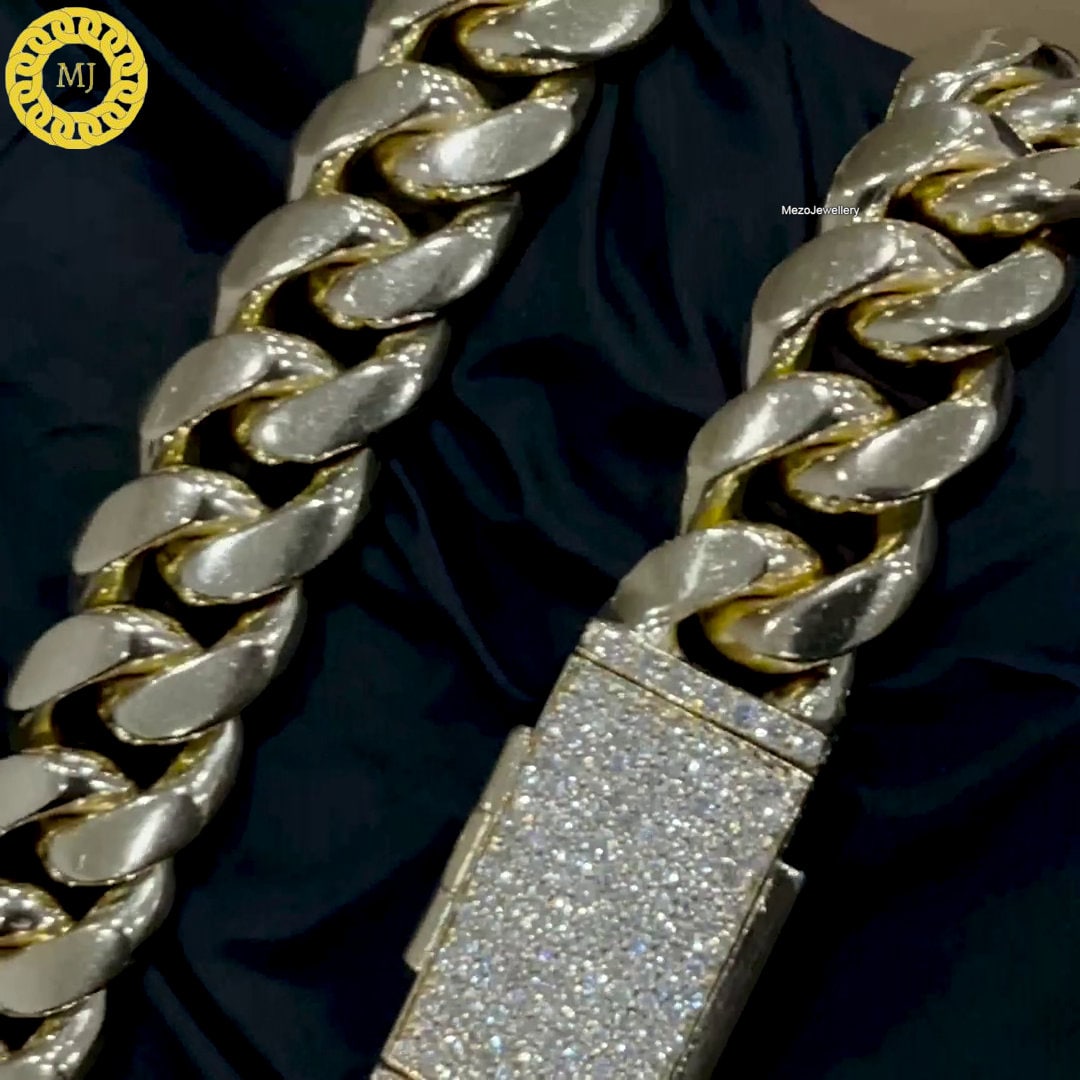 10 mm Miami Cuban Link Chain Heavy Solid 925 Sterling Silver 14K Gold Plated Curb Chain For Men And Women Hip Hop Chain, Icedout clasp lock