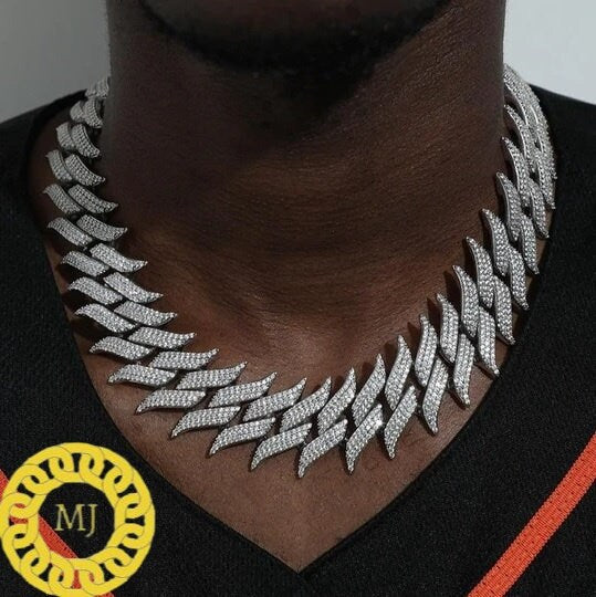 Heavy Solid 925 Sterling Silver Men's VVS1 Moissanite Diamonds Studded spiked Cuban Chain,Icedout Rapper chains,30mm wide, Quality Box Clasp