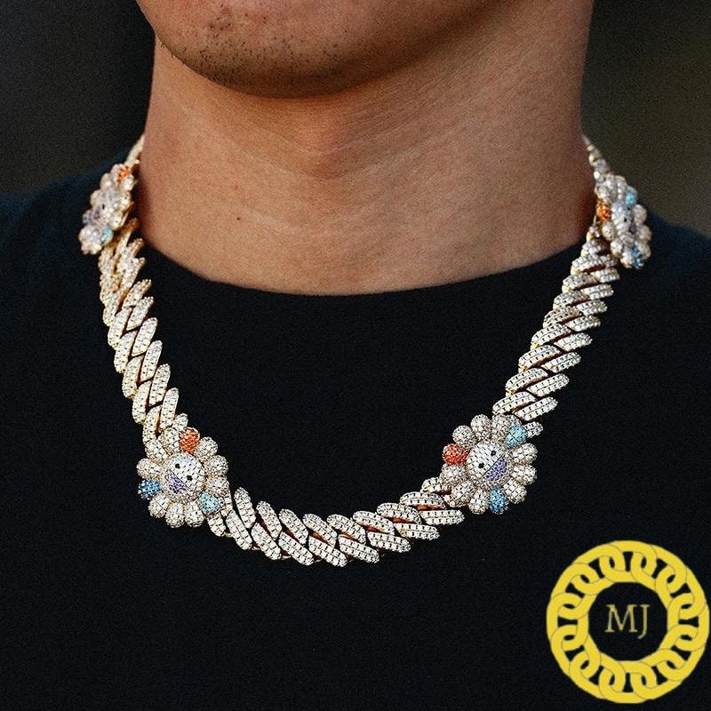 14MM VVS1 SUNFLOWER Moissanite Diamond Miami Cuban Chain With 14k White Gold Finished In Sterling Silver 925 ,Pass The Diamond Tester