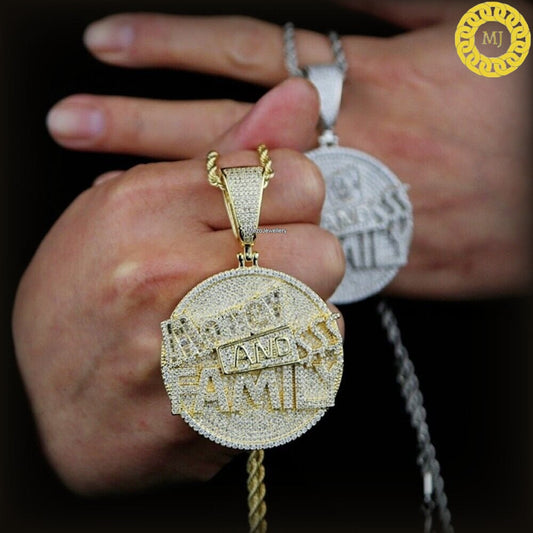 925 Silver Money And Family Luxury Round Disc Edition Pendant, Hip Hop Jewelry, Iced Out Pendant, Rope Chain, Never Fade or Rust, Shine