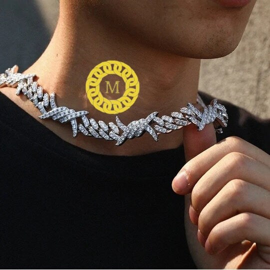 12mm barb wire cuban link chain With 14k White Gold Finished In Sterling Silver 925, VVS1 Moissanite,16"-28'' ,Pass The Diamond Tester
