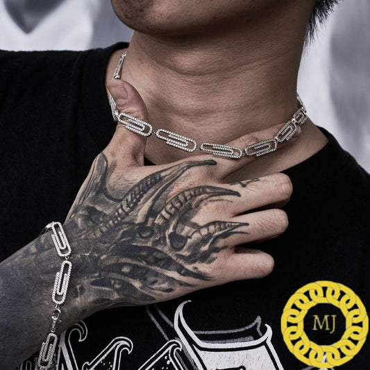 Heavy Solid 925 Sterling Silver Men's VVS1 Moissanite Diamonds Studded Paper clip Chain,Icedout Rapper chains,8mm wide,Icy Hiphop chain