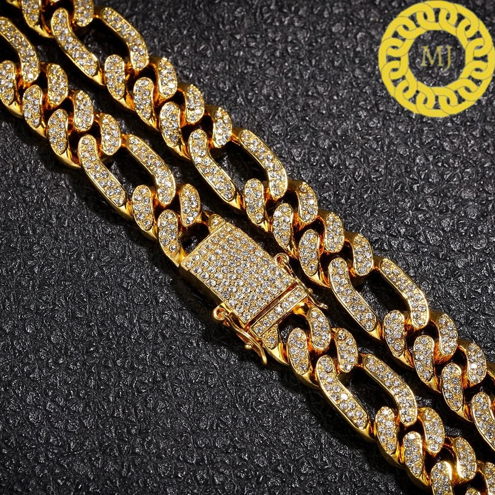 13MM VVS1 Moissanite Diamond Miami Cuban Figaro Chain With 14k White Gold Finished In Sterling Silver 925,16"-28'' ,Pass The Diamond Tester