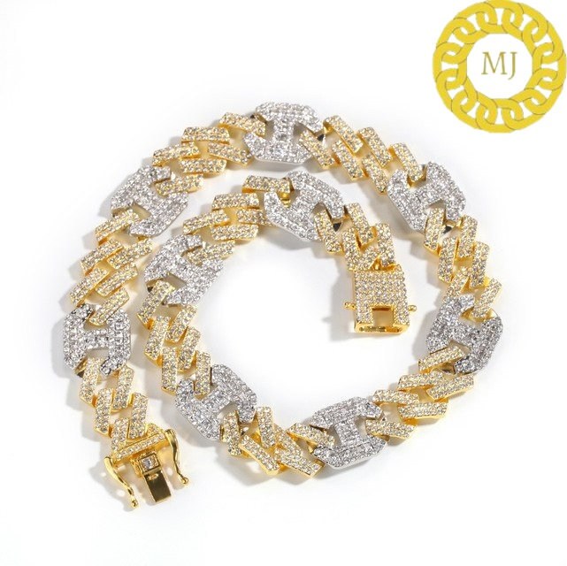 17MM VVS1 Moissanite Diamond Miami Cuban Figaro Chain in Sterling Silver 925, Iced out Two tone 3:1 Figaro Necklace,Pass The Diamond Tester