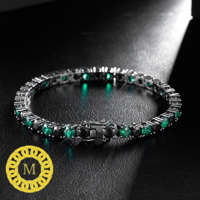 Black and white bracelet Women's Girl's SOLID 925 Sterling Silver Iced Out Tennis Bracelet Single Row Black Diamond & Green Emerald 6"-8.5"