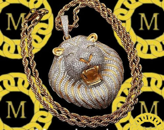 Sterling Silver 925 Fully Iced Out Lion Head Moissanite Pendant