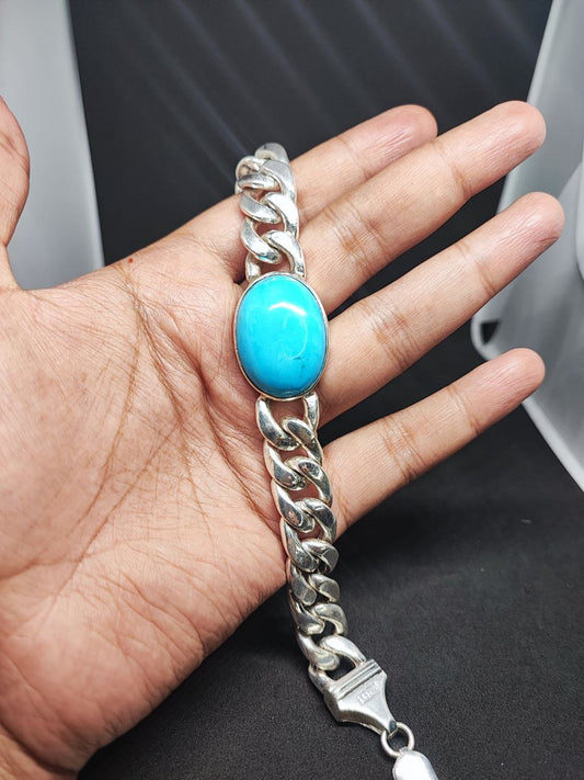 turquoise Cuban Chain Bracelet, 925 Sterling Silver Cabochon Men's Jewelry December Birthstone,heavy Cuban silver Bracelet,Gifts for him