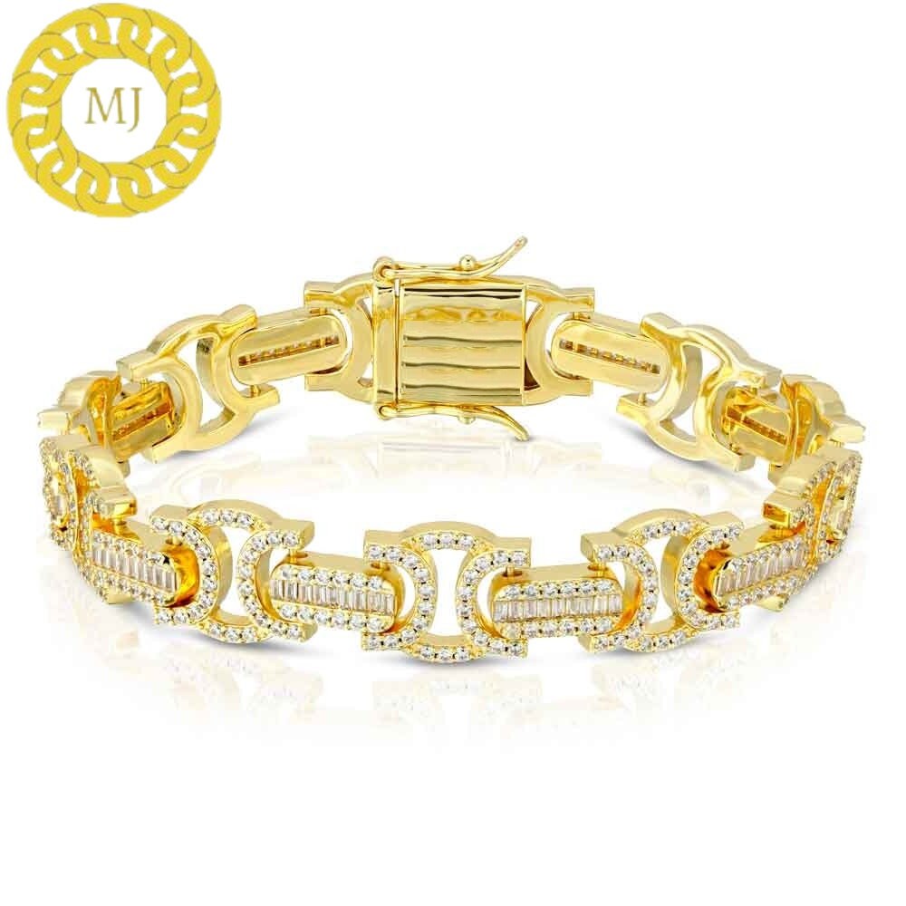 Heavy Solid 925 Sterling Silver | VVS1 Moissanite Diamonds Studded 15 mm flat Byzantine Bracelet | 18k Gold plated Iced Out Bracelet