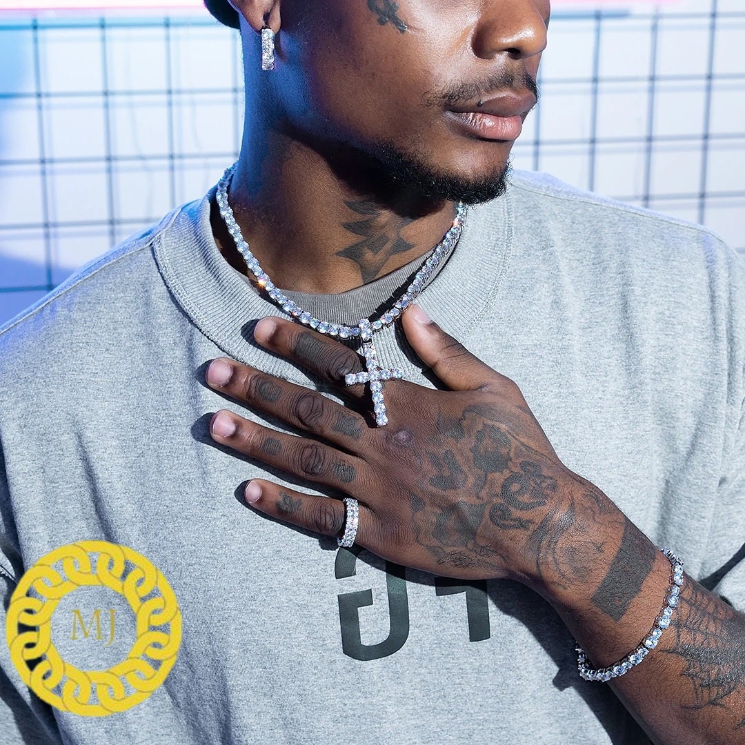 Men's Tennis Link Chain Necklace,Cross Necklace,925 Silver iced out Cross Necklace,Moissanite Diamond Cross Choker,ICY Necklace,Tennis Chain