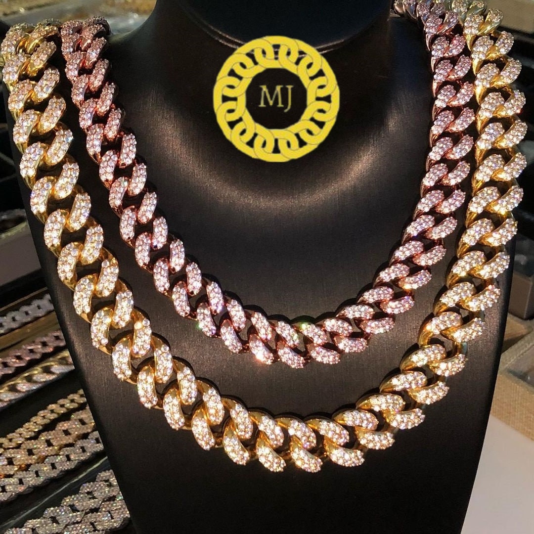 Heavy Solid 925 Sterling Silver Men's VVS1 Moissanite Diamonds Studded Cuban Chain,Icedout Rapper chains,16mm wide, Quality Box Clasp
