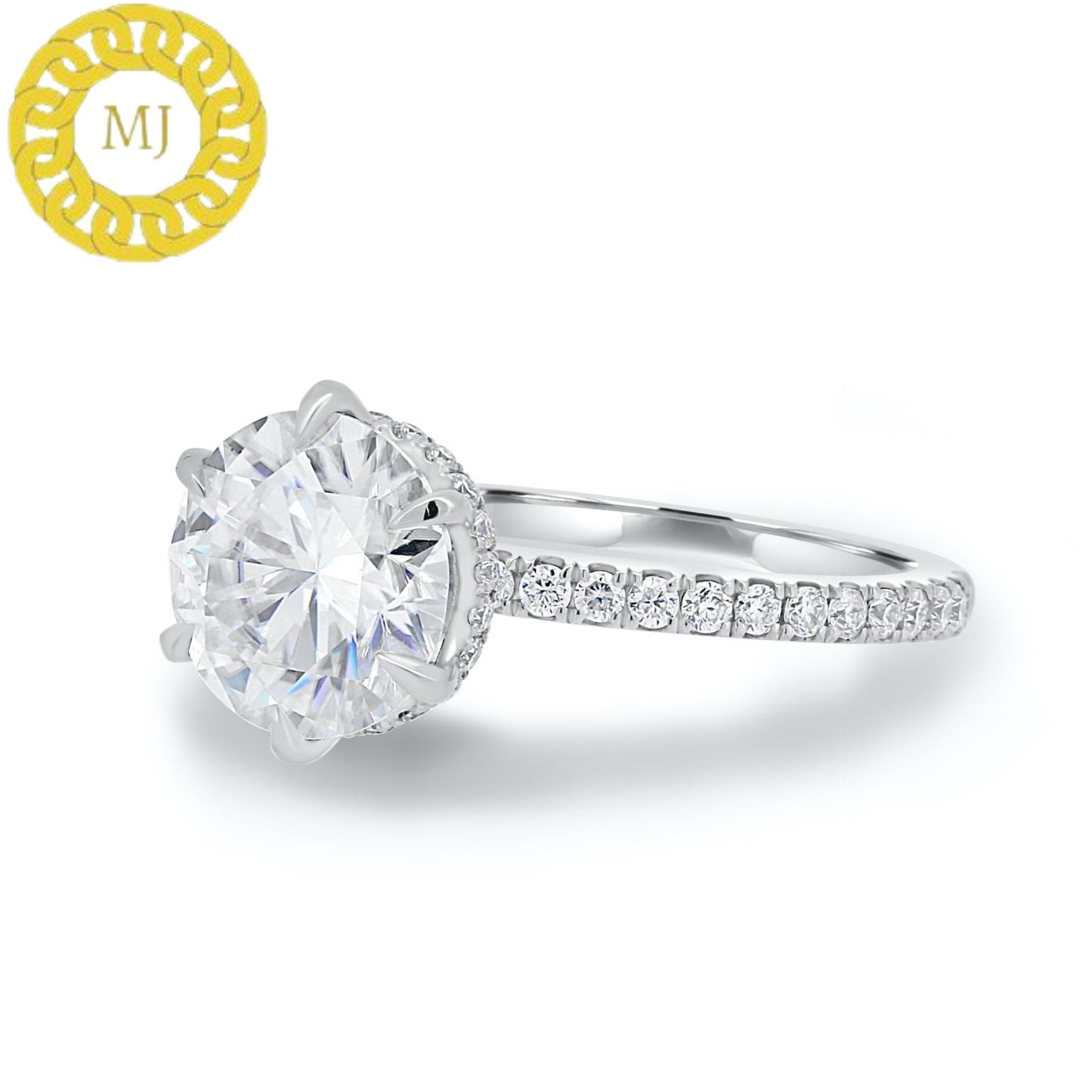 stunning 10mm Round cut Moissanite Diamond ring in 6 claw setting with a gorgeous wrap around Hidden Halo,finished by 2mm Pavé band
