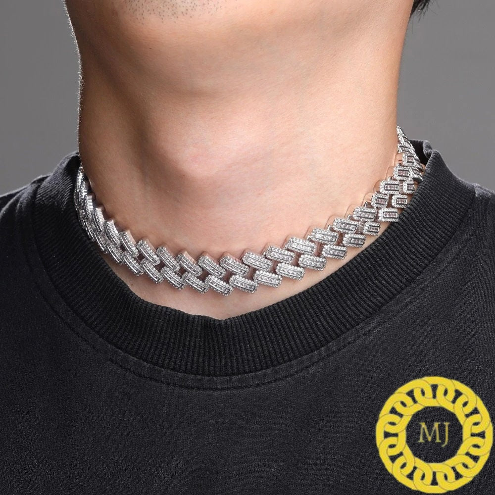 Heavy Solid 925 Sterling Silver Men's VVS1 Moissanite Baguette Studded Cuban Chain,Icedout Rapper chains,20mm wide, Quality Box Clasp