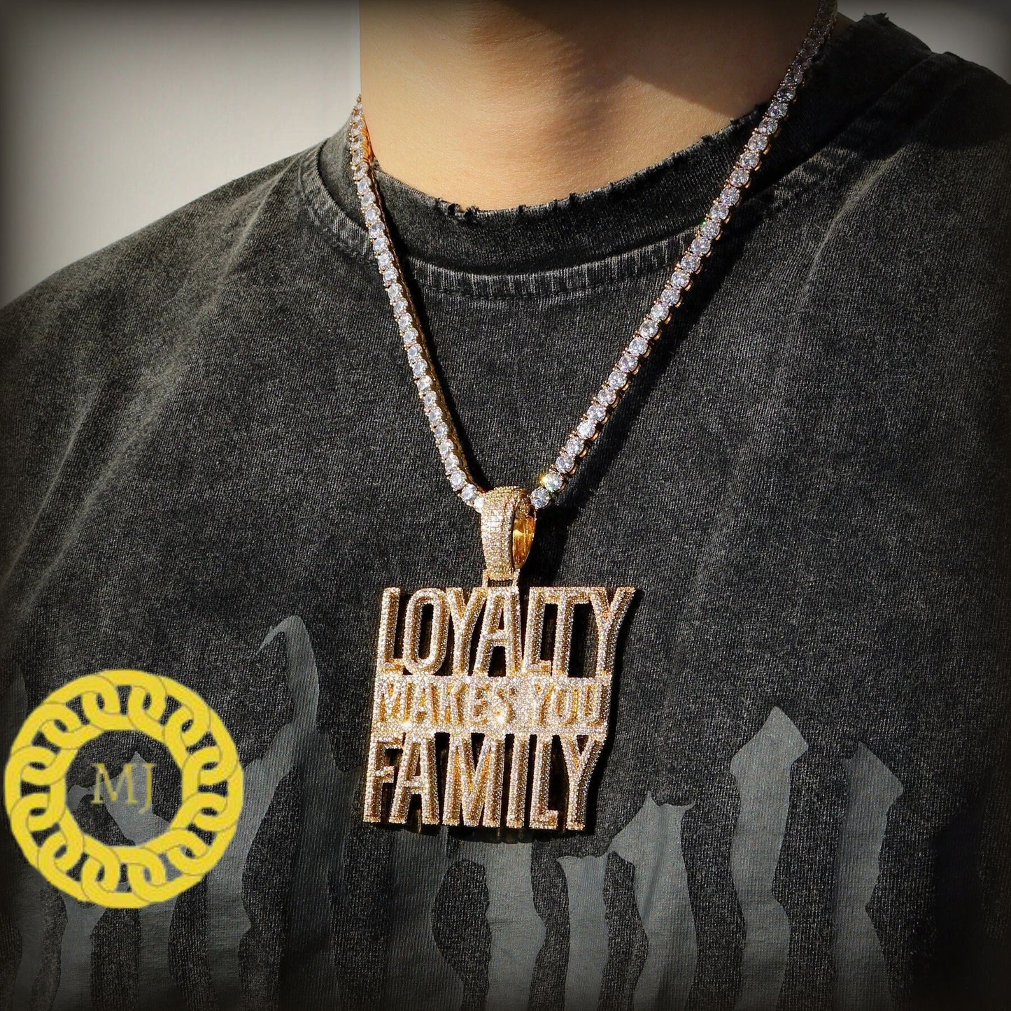 Full Icedout loyalty Makes You Family Necklace , 14k Gold Finish Moissanite Diamond Hip Hop Charm Pendant in 925 silver w/ Rope Chain,