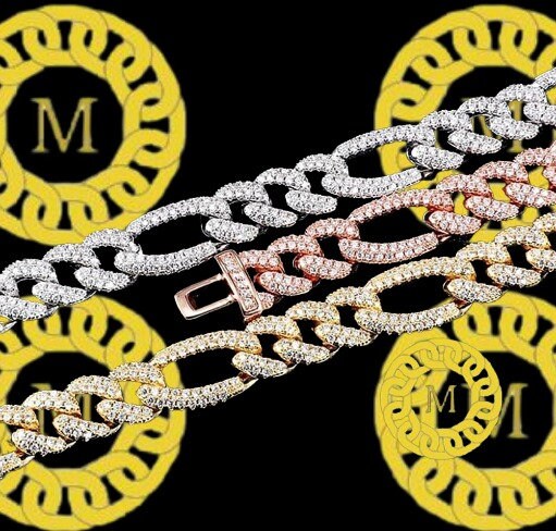10MM VVS1 Moissanite Diamond Miami Cuban Figaro Chain With 14k White Gold Finished In Sterling Silver 925,16"-26'' ,Pass The Diamond Tester