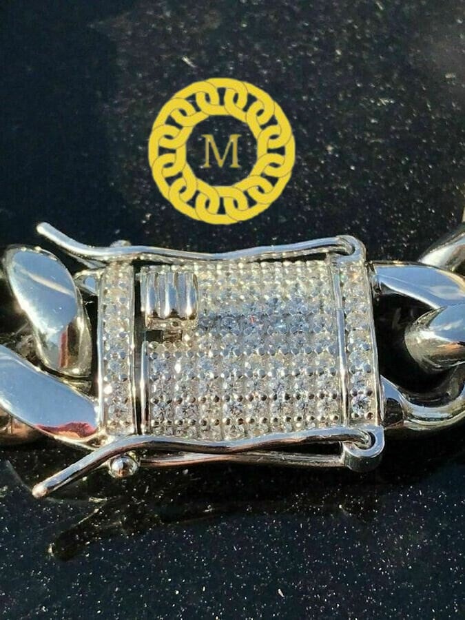 Heavy Solid 925 Sterling Silver Men's Miami Cuban curb Chain Necklace Anti-Tarnish, 14mm wide 18"-26" Inch Hop with Moissanite Diamond Clasp