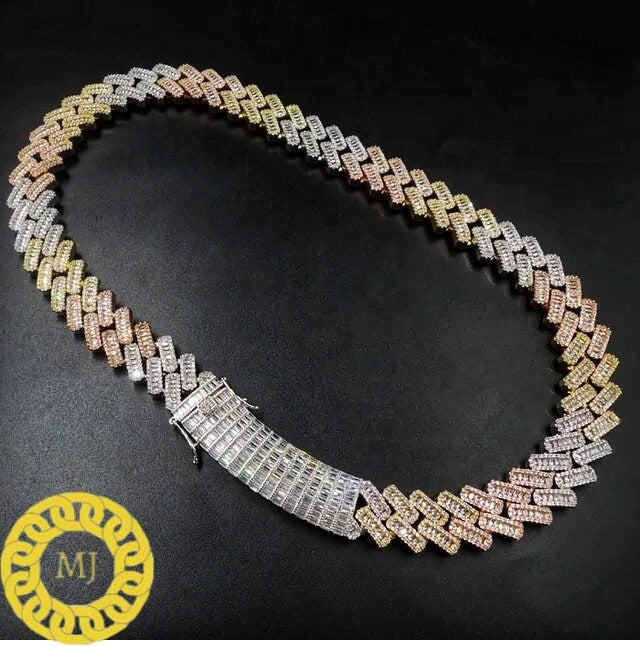 Heavy Solid 925 Sterling Silver Men VVS1 Baguette Moissanite Diamonds Chain-Big Icy lock Baguette Ice Crazy Hip Hop 19MM Cuban Link Necklace