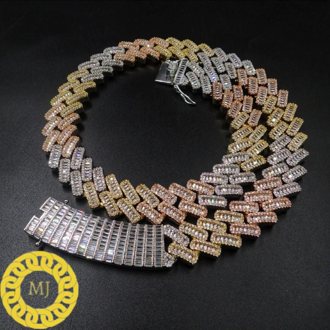 Heavy Solid 925 Sterling Silver Men VVS1 Baguette Moissanite Diamonds Chain-Big Icy lock Baguette Ice Crazy Hip Hop 19MM Cuban Link Necklace