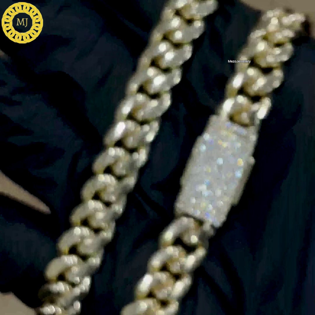 10 mm Miami Cuban Link Chain Heavy Solid 925 Sterling Silver 14K Gold Plated Curb Chain For Men And Women Hip Hop Chain, Icedout clasp lock