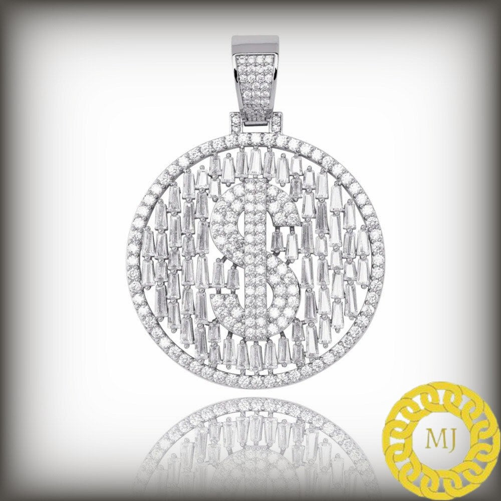 Men's Solid 925 Sterling Silver Iced Out Dollar Sign Money Pendant Baguette Diamond* Hip Hop Rapper Chain Necklace 16" - 30" Rope chain 4 mm