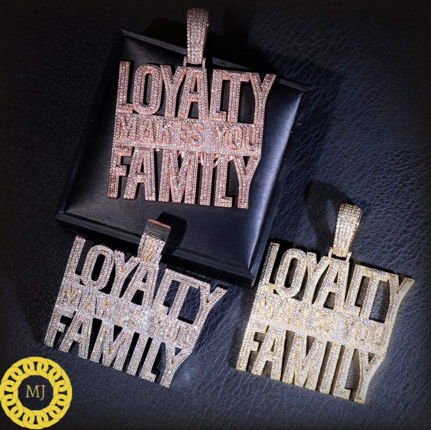Full Icedout loyalty Makes You Family Necklace , 14k Gold Finish Moissanite Diamond Hip Hop Charm Pendant in 925 silver w/ Rope Chain,