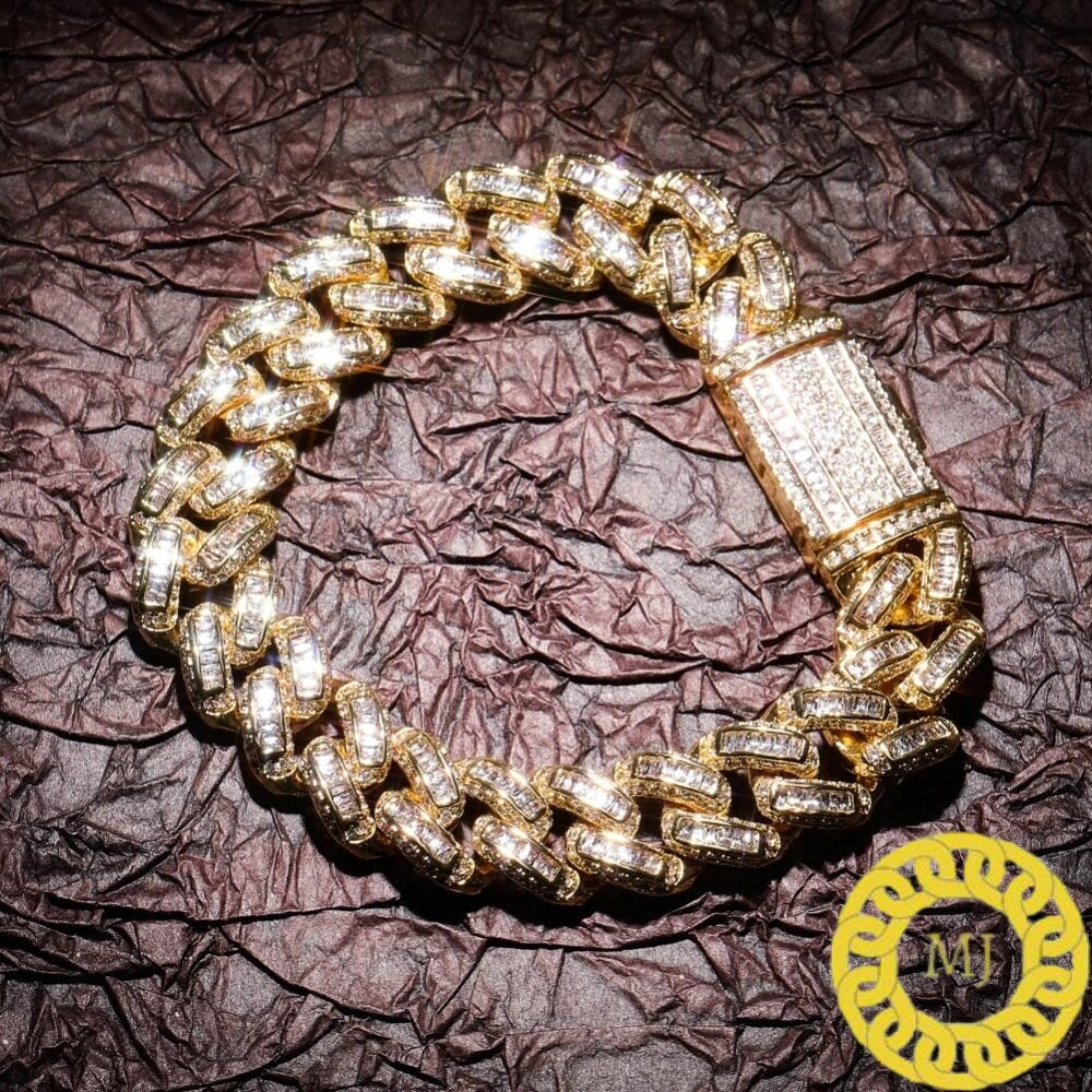 Men's Unique Custom Made Iced Out Baguette Solid 925 Sterling Silver Bracelet , 14 mm Miami square Moissanite diamond Bracelet,icedout