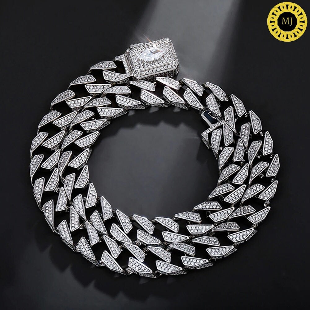 Heavy Solid 925 Sterling Silver Men's VVS1 Moissanite Diamonds Studded Cuban Chain,Icedout Rapper chain,12mm wide,Marquise Quality Box Clasp