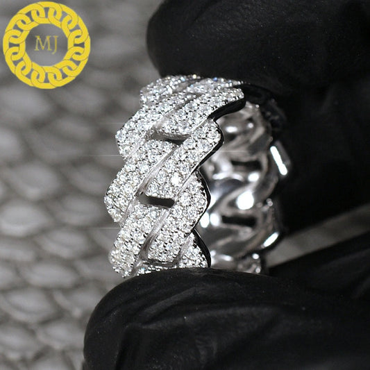 11 mm Moissanite Diamond Cuban link Ring, 925 Solid Silver Pave Cuban Ring Best Selling,Men's, Women's, Unisex Ring,iced Hiphop Cuban band