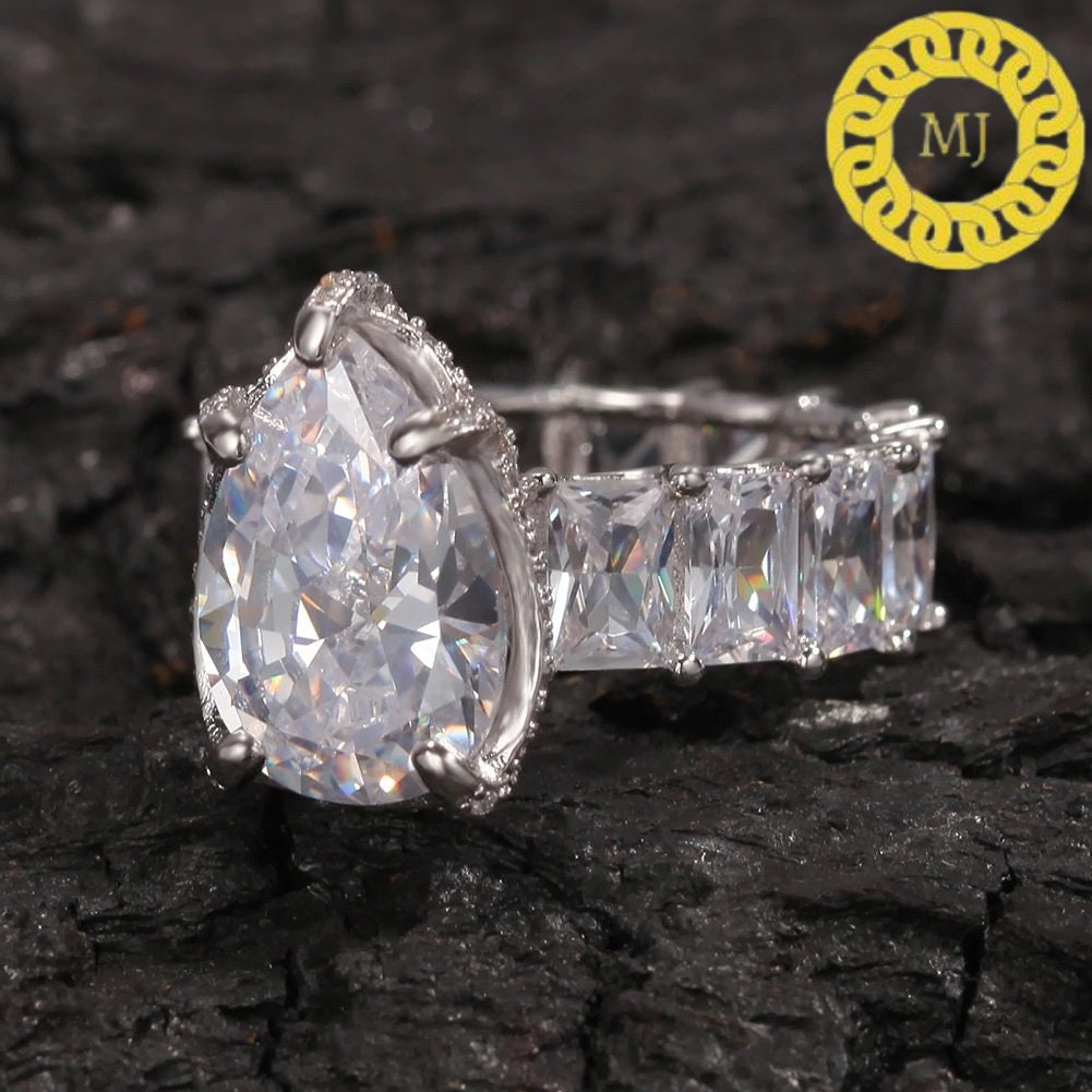 17mm Pear Colorless Moissanite Hidden Halo Engagement Ring in silver,icy crushed  Wedding Ring, Promise Ring, Anniversary Gift for Women