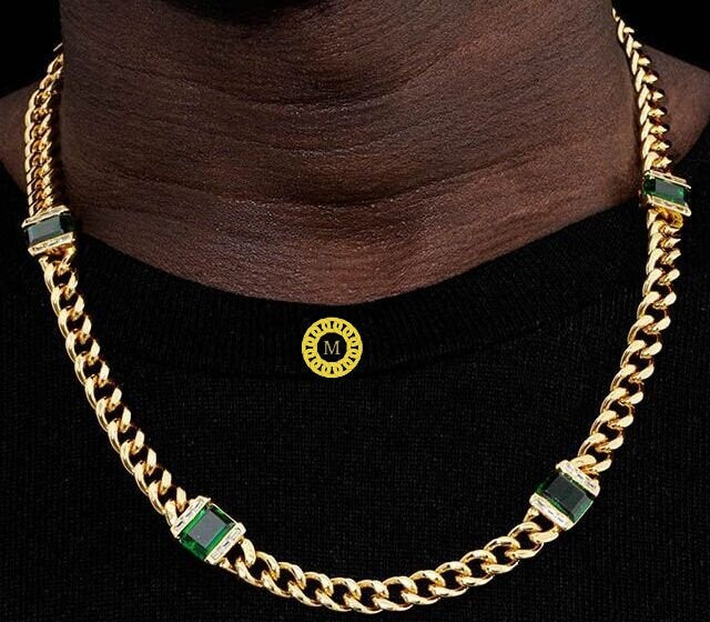 8mm Emerald Moissanite Miami Cuban Link Chain | Solid 925 Sterling Silver |Green hop hop Chain  | GRA certified VVS1 D Colour