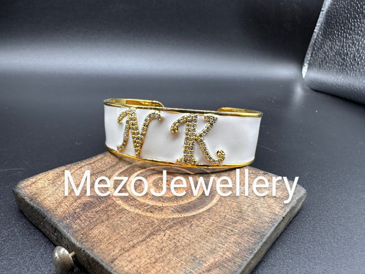 18ct Gold Custom Initial Bracelet, 925 Silver Personalised Enamel Handmade With Names,20mm,Heavy Bangle, Birthday Birthday, Valentines gift