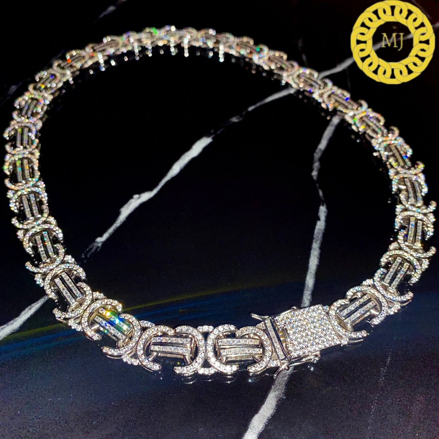 14MM Large Flat Byzantine Chain VVS1 Moissanite With 14k White Gold Finished In Sterling Silver 925 , 16 - 28'' ,Pass The Diamond Tester