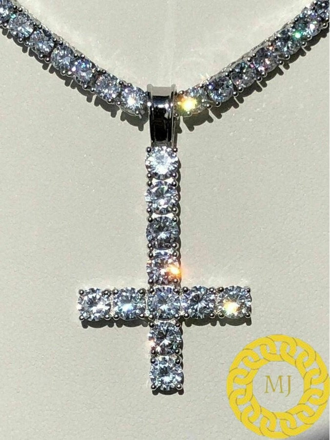 5 MM VVS Moissanite Diamond Cross Pendant, upside down cross Silver Pendant For Men & Women, Charm Pendant,Wedding Pendant, Anniversary gift
