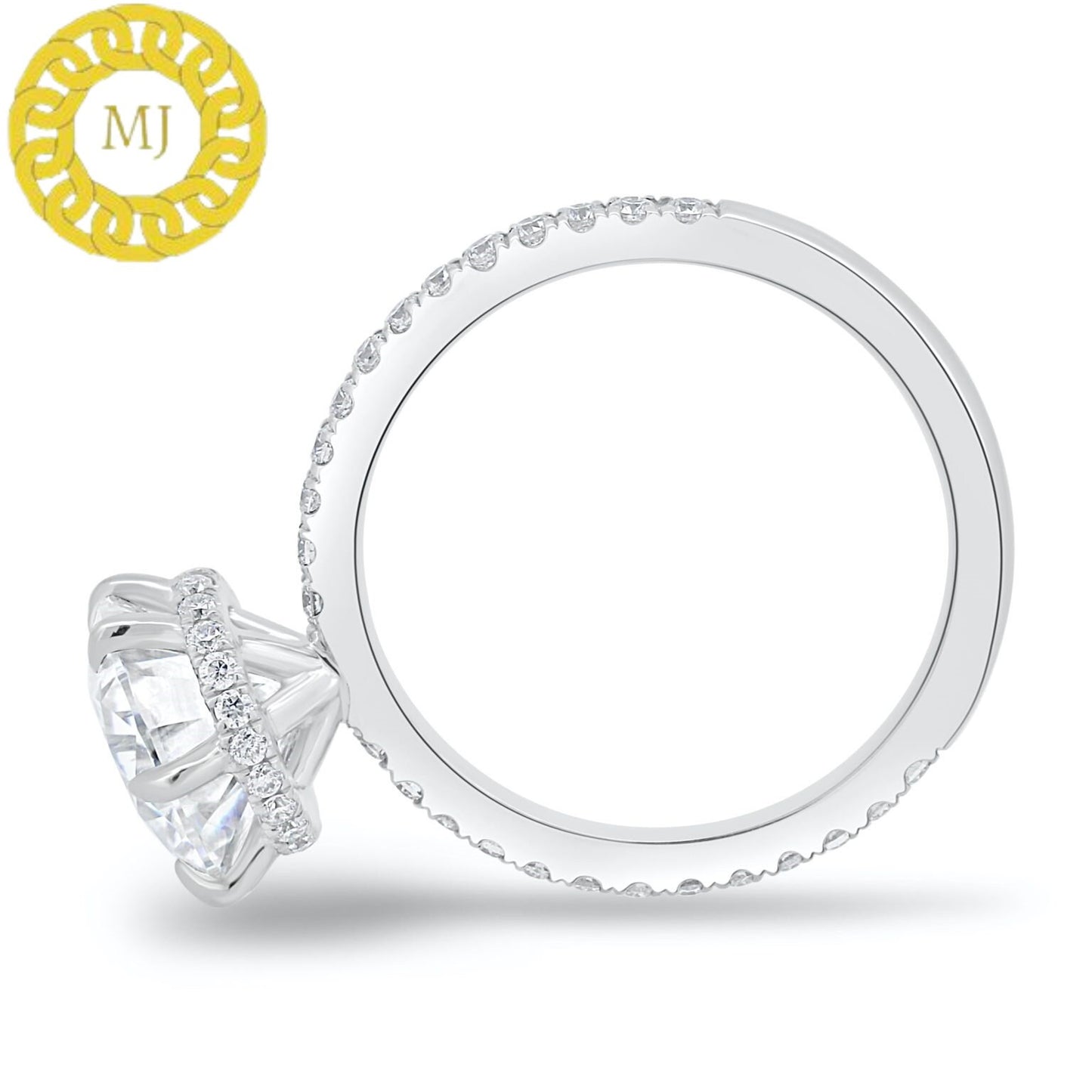 stunning 10mm Round cut Moissanite Diamond ring in 6 claw setting with a gorgeous wrap around Hidden Halo,finished by 2mm Pavé band