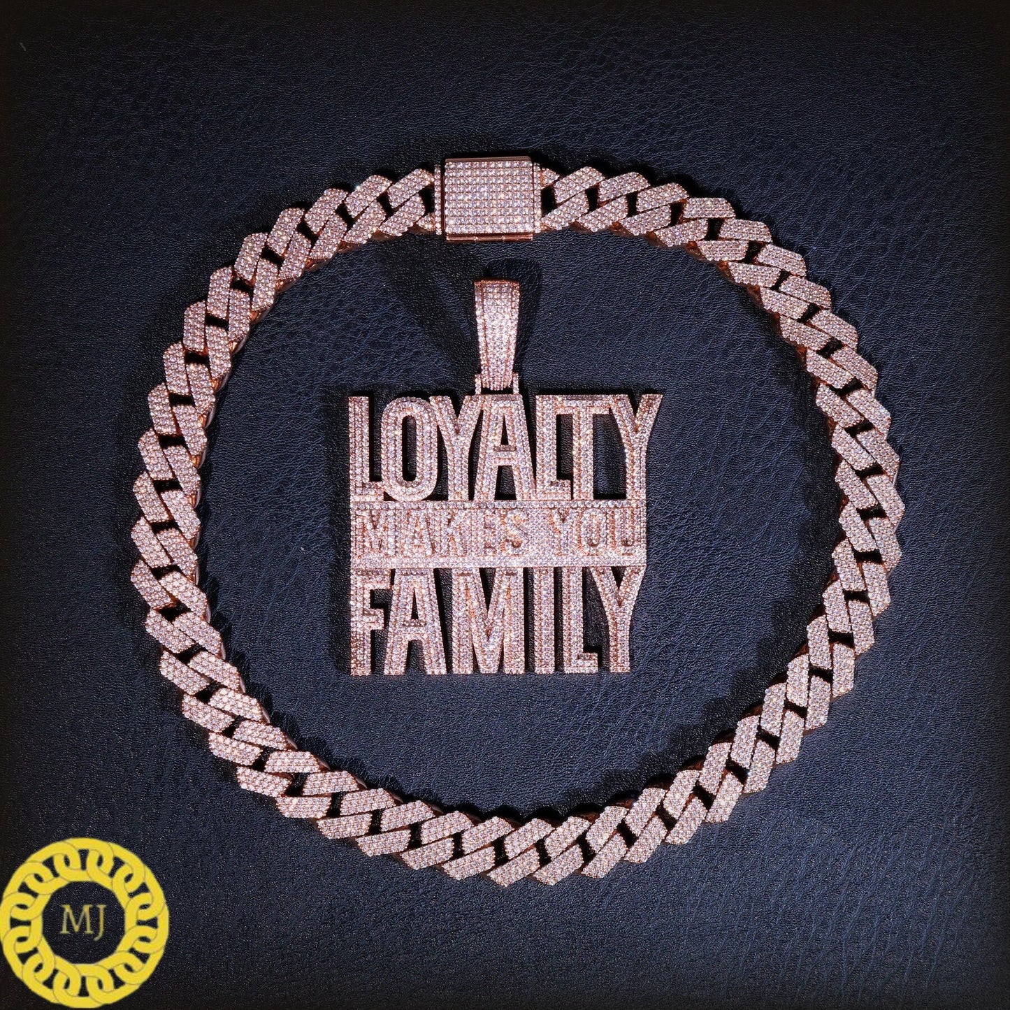 Full Icedout loyalty Makes You Family Necklace , 14k Gold Finish Moissanite Diamond Hip Hop Charm Pendant in 925 silver w/ Rope Chain,